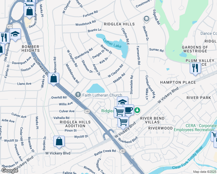 map of restaurants, bars, coffee shops, grocery stores, and more near 4405 Angus Drive in Fort Worth