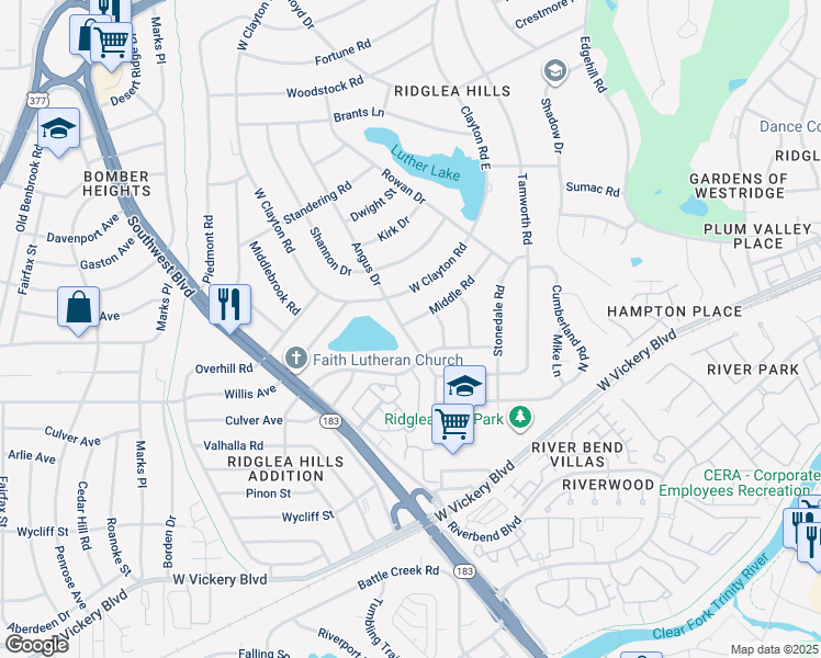 map of restaurants, bars, coffee shops, grocery stores, and more near 4405 Angus Drive in Fort Worth