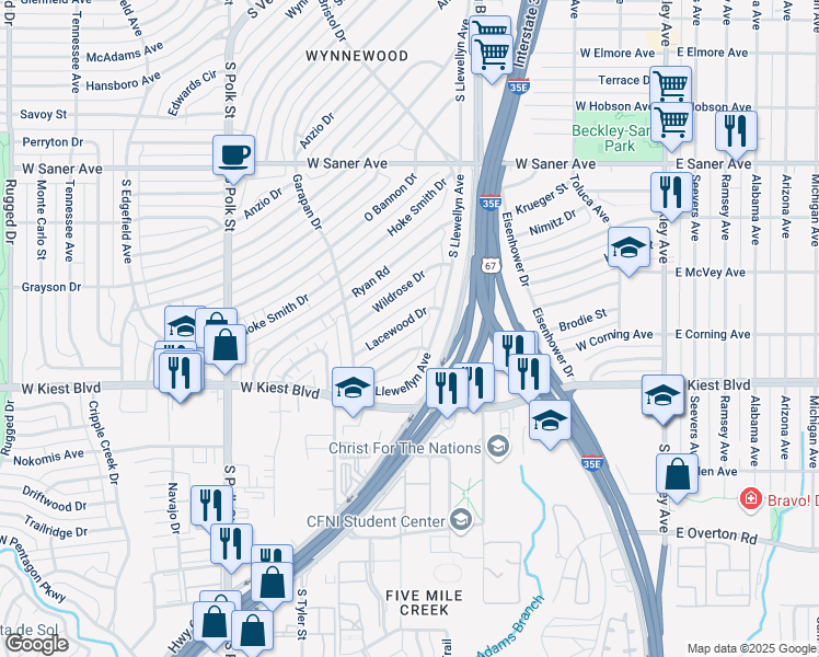 map of restaurants, bars, coffee shops, grocery stores, and more near 3127 South Llewellyn Avenue in Dallas