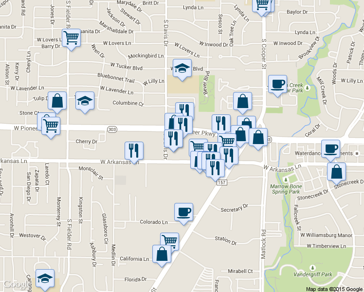 map of restaurants, bars, coffee shops, grocery stores, and more near 1140 W Pioneer Pkwy in Arlington