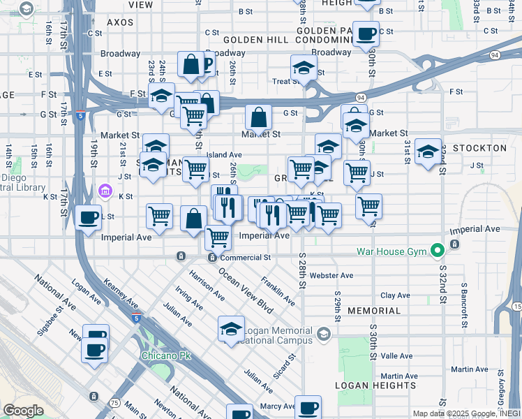 map of restaurants, bars, coffee shops, grocery stores, and more near 2680 L Street in San Diego