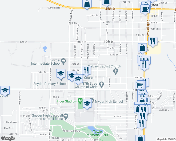 map of restaurants, bars, coffee shops, grocery stores, and more near 2798 34th St in Snyder