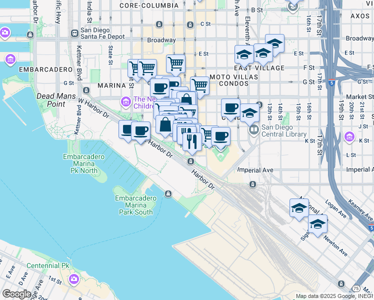 map of restaurants, bars, coffee shops, grocery stores, and more near 207 Fifth Avenue in San Diego
