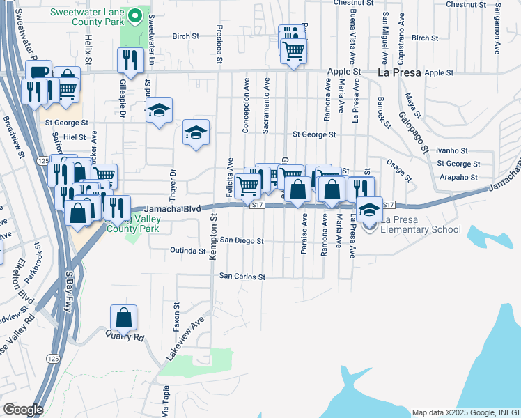 map of restaurants, bars, coffee shops, grocery stores, and more near 549 Sacramento Avenue in Spring Valley