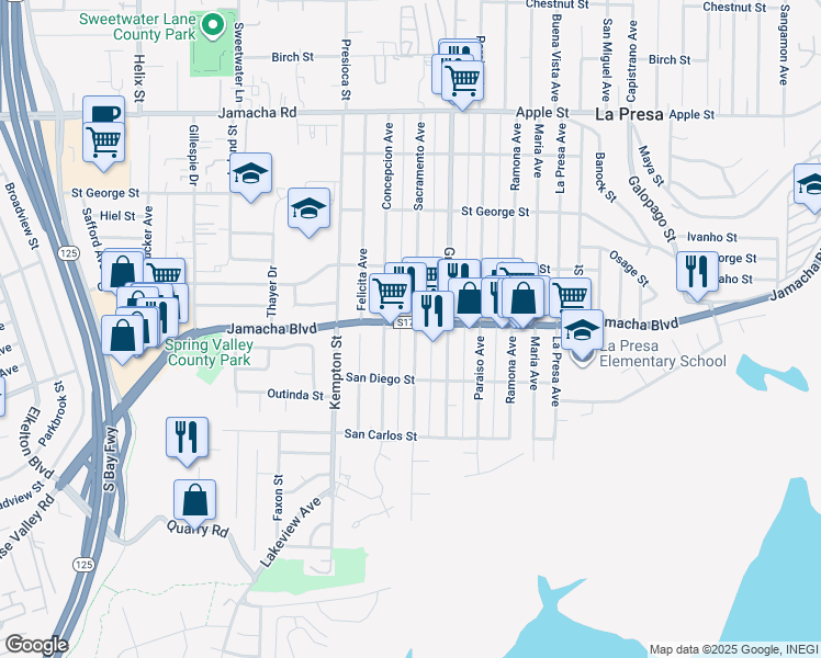 map of restaurants, bars, coffee shops, grocery stores, and more near 9325 Jamacha Boulevard in Spring Valley