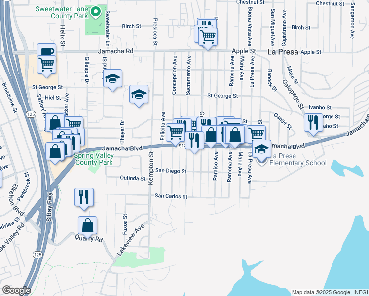 map of restaurants, bars, coffee shops, grocery stores, and more near 9325 Jamacha Boulevard in Spring Valley