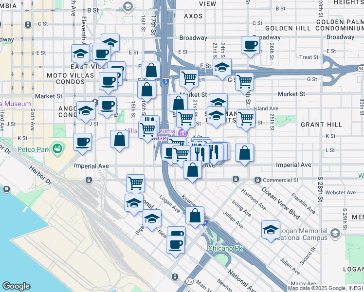 map of restaurants, bars, coffee shops, grocery stores, and more near 230 20th Street in San Diego
