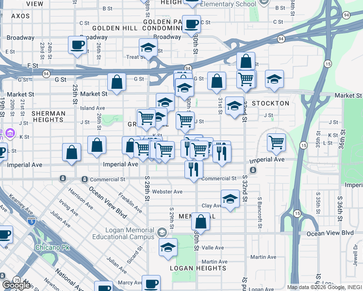 map of restaurants, bars, coffee shops, grocery stores, and more near in San Diego