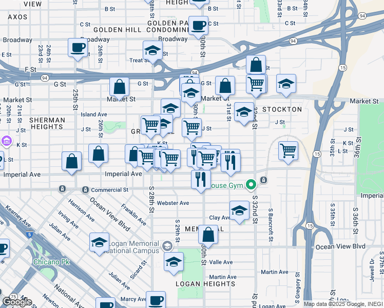 map of restaurants, bars, coffee shops, grocery stores, and more near 2956 L Street in San Diego