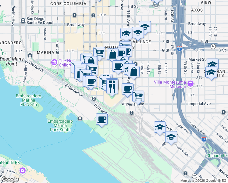 map of restaurants, bars, coffee shops, grocery stores, and more near 100 Park Boulevard in San Diego