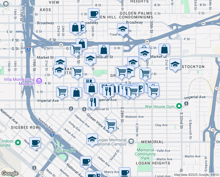 map of restaurants, bars, coffee shops, grocery stores, and more near 212 Evans Street in San Diego