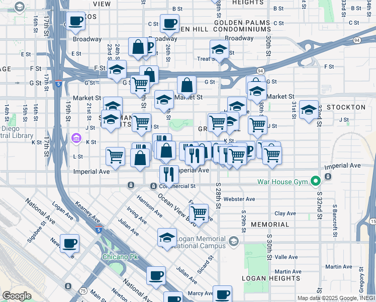 map of restaurants, bars, coffee shops, grocery stores, and more near 2680 L Street in San Diego