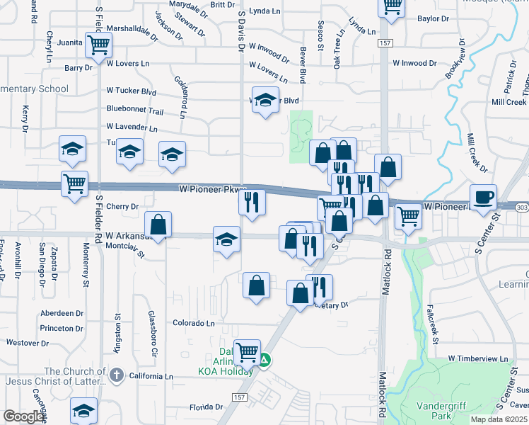 map of restaurants, bars, coffee shops, grocery stores, and more near 1140 West Pioneer Parkway in Arlington