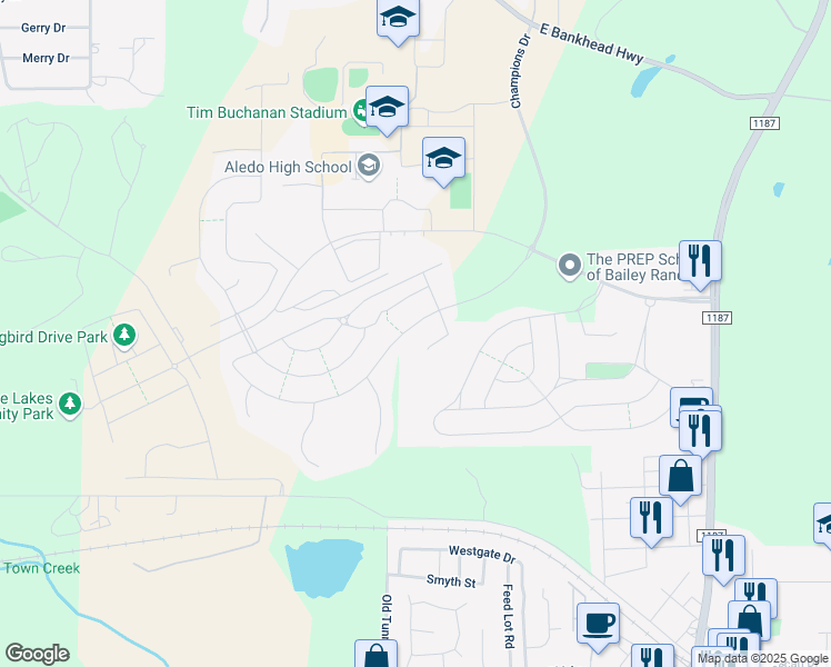 map of restaurants, bars, coffee shops, grocery stores, and more near 616 Rockledge Court in Aledo