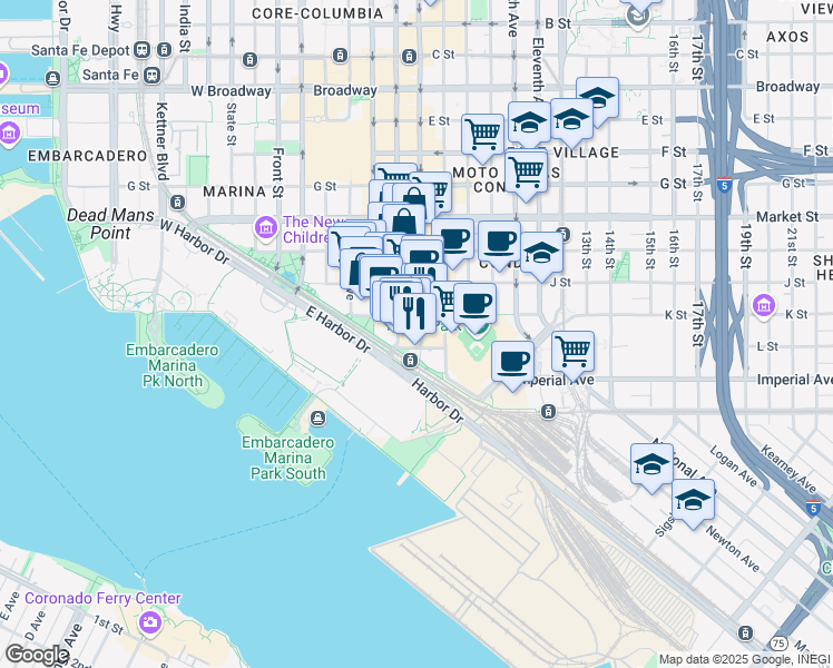 map of restaurants, bars, coffee shops, grocery stores, and more near 201 Fifth Avenue in San Diego