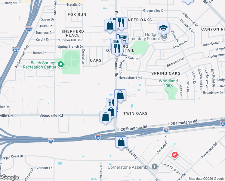map of restaurants, bars, coffee shops, grocery stores, and more near 4609 Pioneer Road in Balch Springs