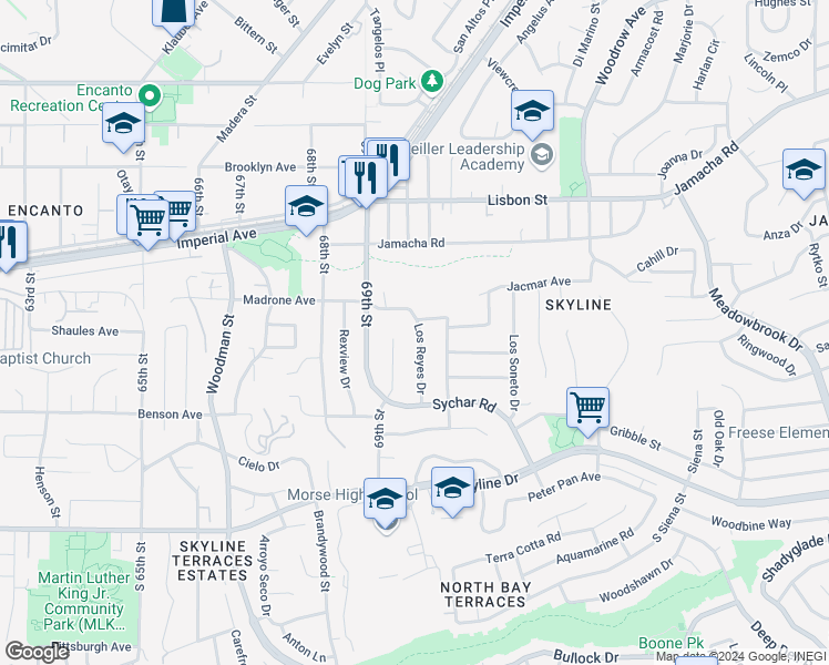 map of restaurants, bars, coffee shops, grocery stores, and more near 368 Los Reyes Drive in San Diego