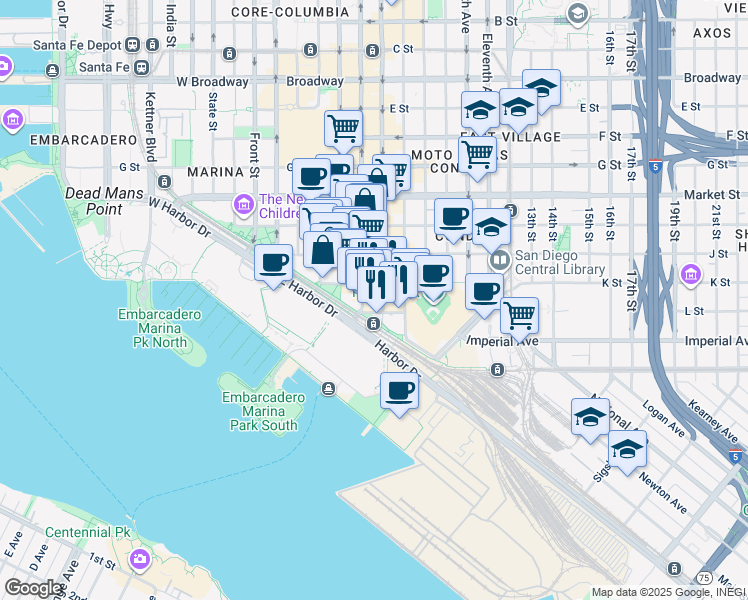 map of restaurants, bars, coffee shops, grocery stores, and more near 207 Fifth Avenue in San Diego