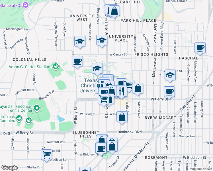 map of restaurants, bars, coffee shops, grocery stores, and more near 3000 South University Drive in Fort Worth