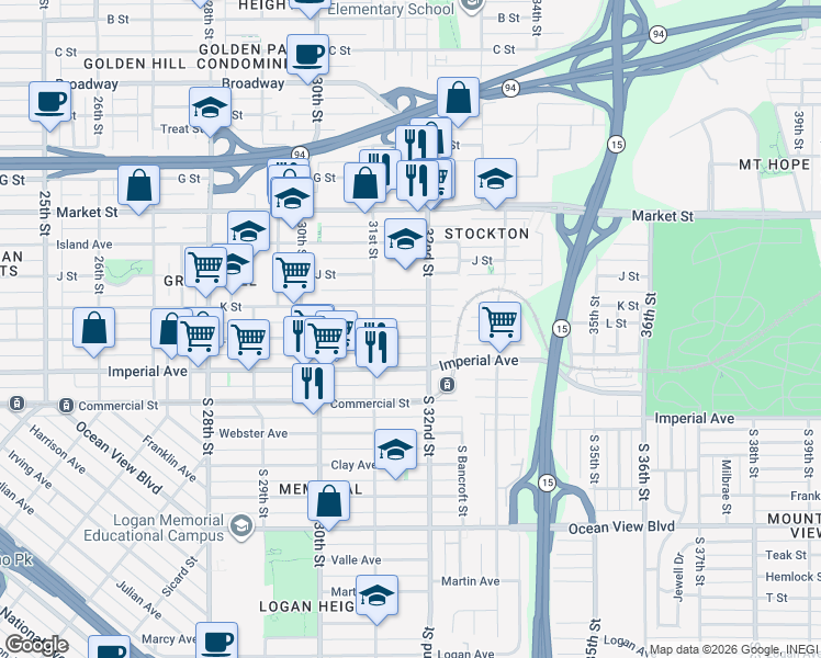 map of restaurants, bars, coffee shops, grocery stores, and more near 3162 L Street in San Diego