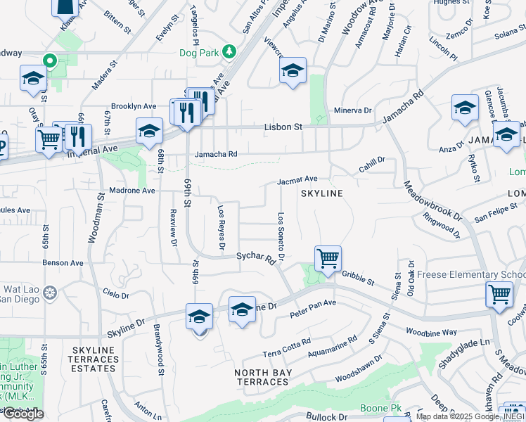 map of restaurants, bars, coffee shops, grocery stores, and more near 7085 Madrone Avenue in San Diego