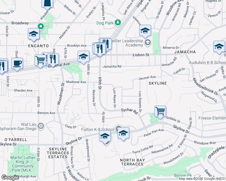 map of restaurants, bars, coffee shops, grocery stores, and more near 368 Los Reyes Drive in San Diego