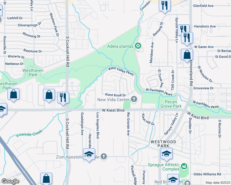 map of restaurants, bars, coffee shops, grocery stores, and more near 3813 Kiest Knoll Drive in Dallas