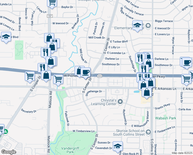 map of restaurants, bars, coffee shops, grocery stores, and more near 2209 Waterdance Circle in Arlington