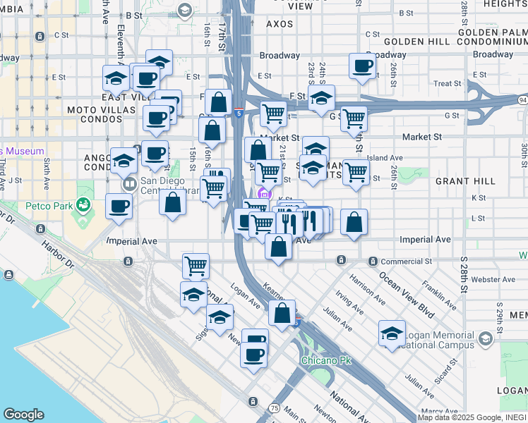 map of restaurants, bars, coffee shops, grocery stores, and more near 230 20th Street in San Diego