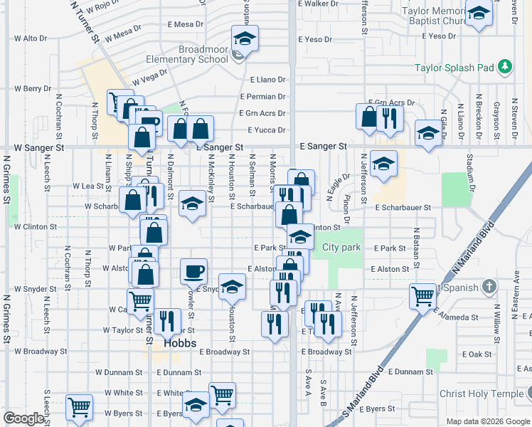 map of restaurants, bars, coffee shops, grocery stores, and more near 606 East Clinton Street in Hobbs