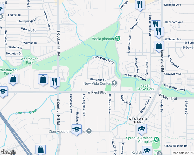 map of restaurants, bars, coffee shops, grocery stores, and more near 3813 Kiest Knoll Drive in Dallas
