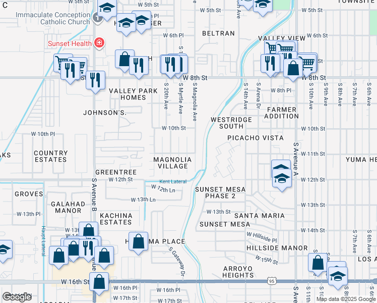 map of restaurants, bars, coffee shops, grocery stores, and more near 1100-1198 S Magnolia Ave in Yuma