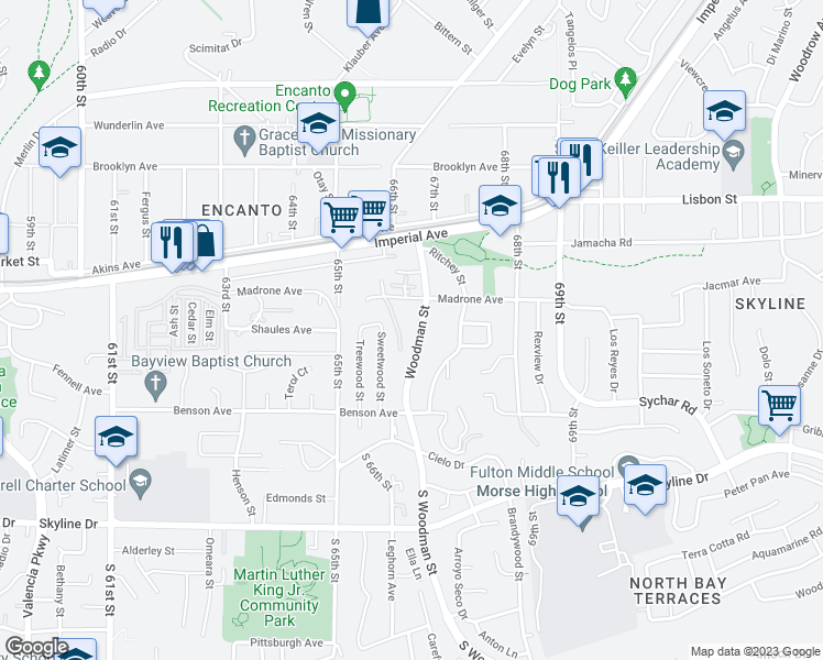 map of restaurants, bars, coffee shops, grocery stores, and more near 320 Woodman Street in San Diego