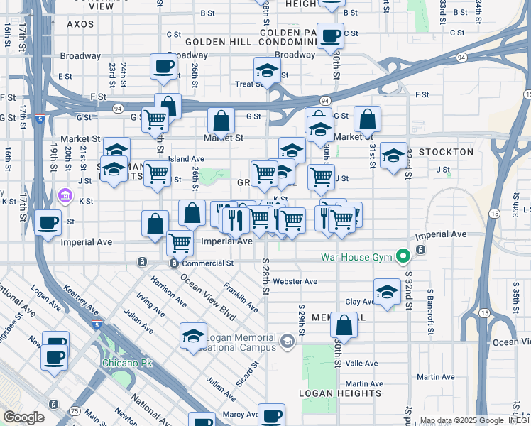 map of restaurants, bars, coffee shops, grocery stores, and more near 2810 L Street in San Diego