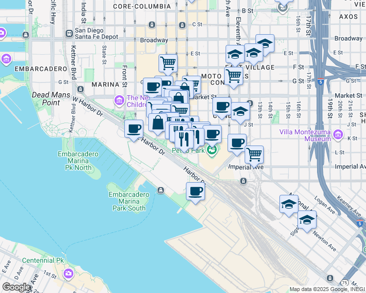 map of restaurants, bars, coffee shops, grocery stores, and more near 201 Fifth Avenue in San Diego