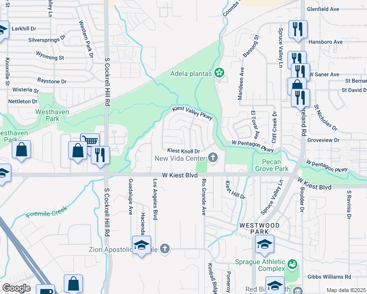 map of restaurants, bars, coffee shops, grocery stores, and more near 3813 Kiest Knoll Drive in Dallas