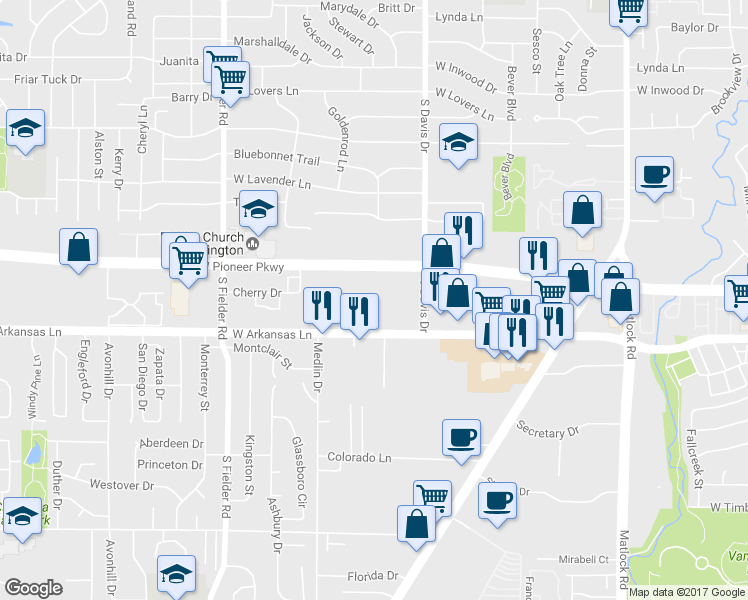 map of restaurants, bars, coffee shops, grocery stores, and more near 1250 West Pioneer Parkway in Arlington