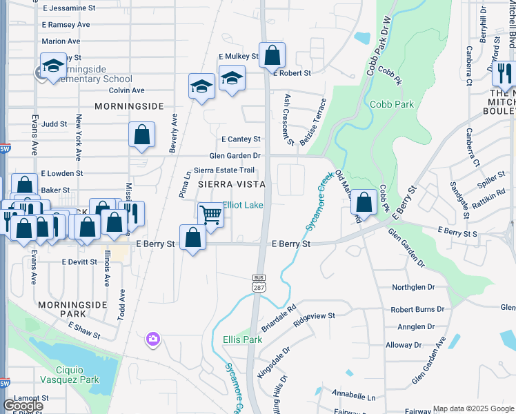 map of restaurants, bars, coffee shops, grocery stores, and more near 2942 South Riverside Drive in Fort Worth
