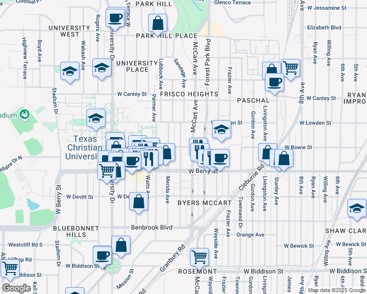 map of restaurants, bars, coffee shops, grocery stores, and more near 3000 Sandage Avenue in Fort Worth