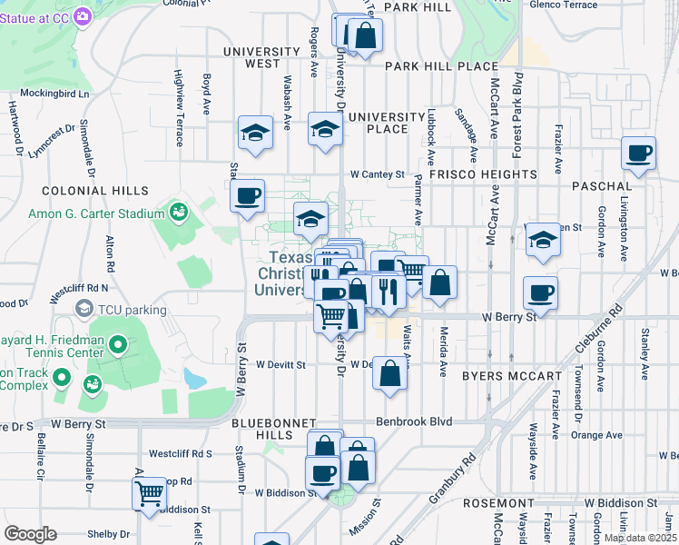 map of restaurants, bars, coffee shops, grocery stores, and more near 3024 South University Drive in Fort Worth