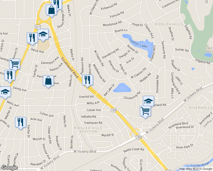 map of restaurants, bars, coffee shops, grocery stores, and more near 6924 Bal Lake Drive in Fort Worth