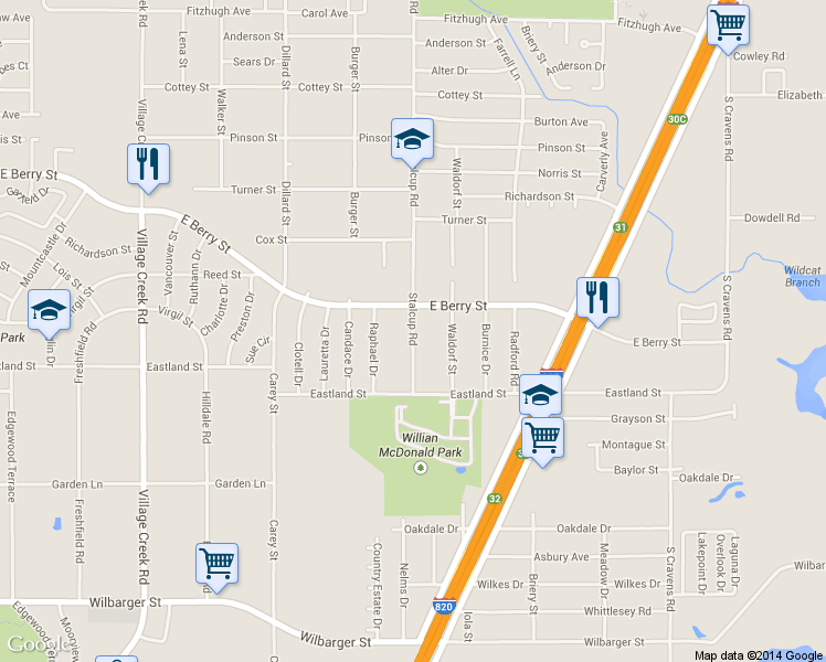 map of restaurants, bars, coffee shops, grocery stores, and more near 3829 Stalcup Road in Fort Worth