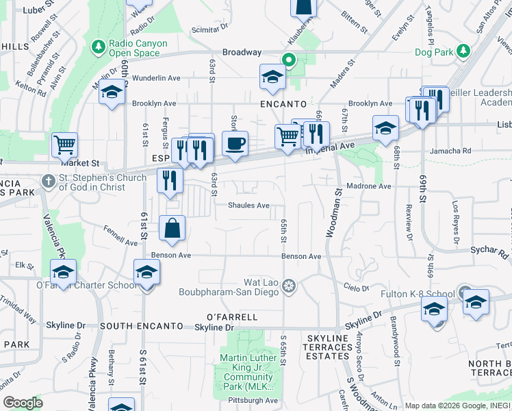 map of restaurants, bars, coffee shops, grocery stores, and more near 6404 Shaules Avenue in San Diego