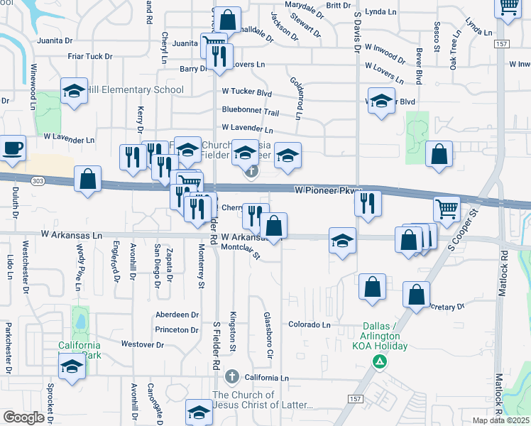 map of restaurants, bars, coffee shops, grocery stores, and more near 1400 Cherry Drive in Arlington