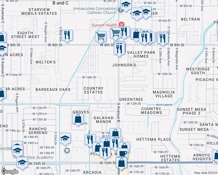 map of restaurants, bars, coffee shops, grocery stores, and more near 1099 South Hereford Avenue in Yuma