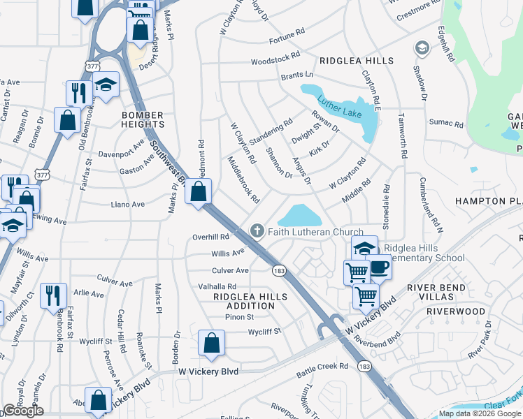 map of restaurants, bars, coffee shops, grocery stores, and more near 6924 Bal Lake Drive in Fort Worth