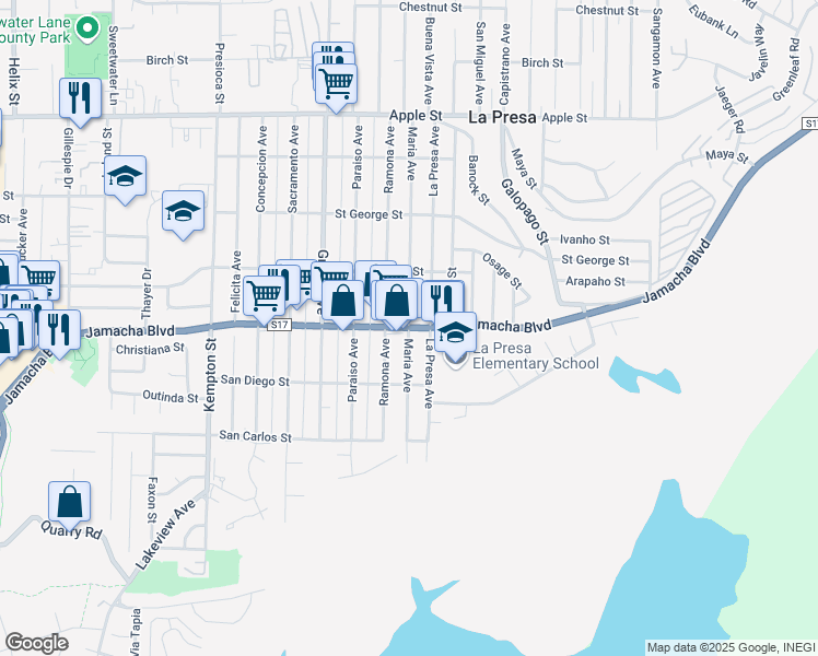 map of restaurants, bars, coffee shops, grocery stores, and more near Jamacha Boulevard & Maria Avenue in Spring Valley
