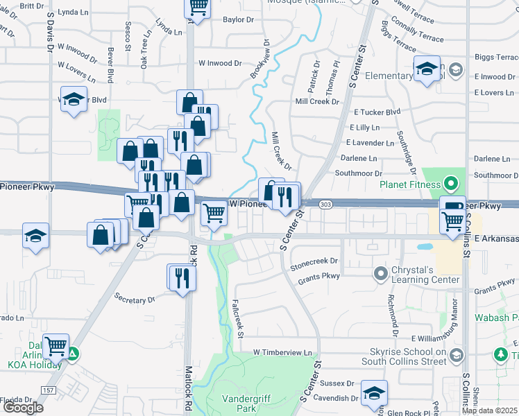 map of restaurants, bars, coffee shops, grocery stores, and more near 200 West Pioneer Parkway in Arlington