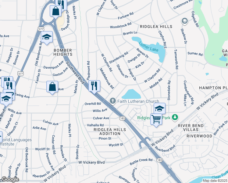 map of restaurants, bars, coffee shops, grocery stores, and more near 6917 Overhill Road in Fort Worth