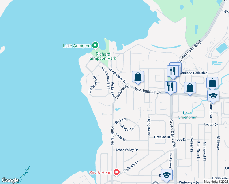 map of restaurants, bars, coffee shops, grocery stores, and more near 2317 Perkins Place in Arlington